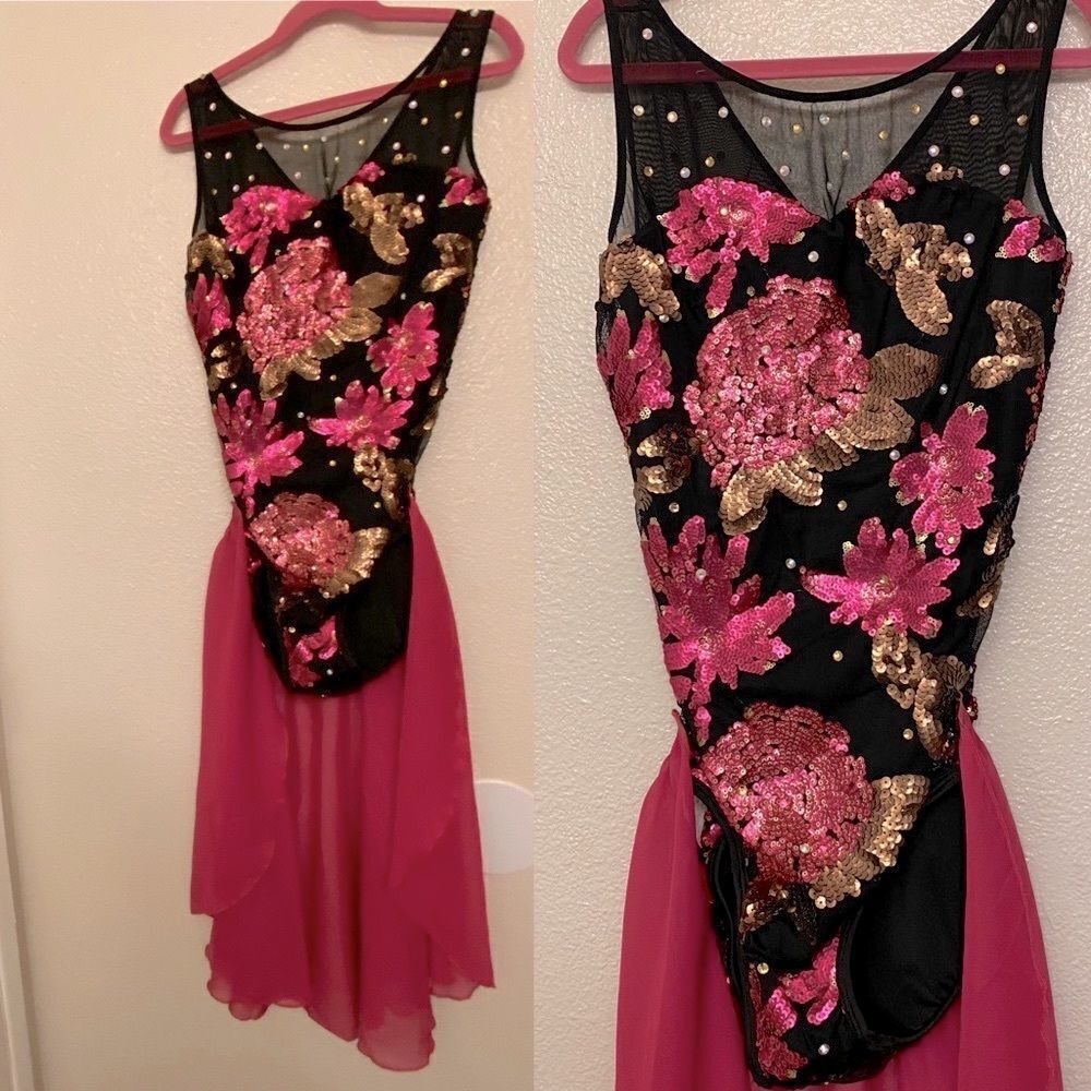 Glamour dance costume leotard black floral sequin detachable maxi skirt adult MA